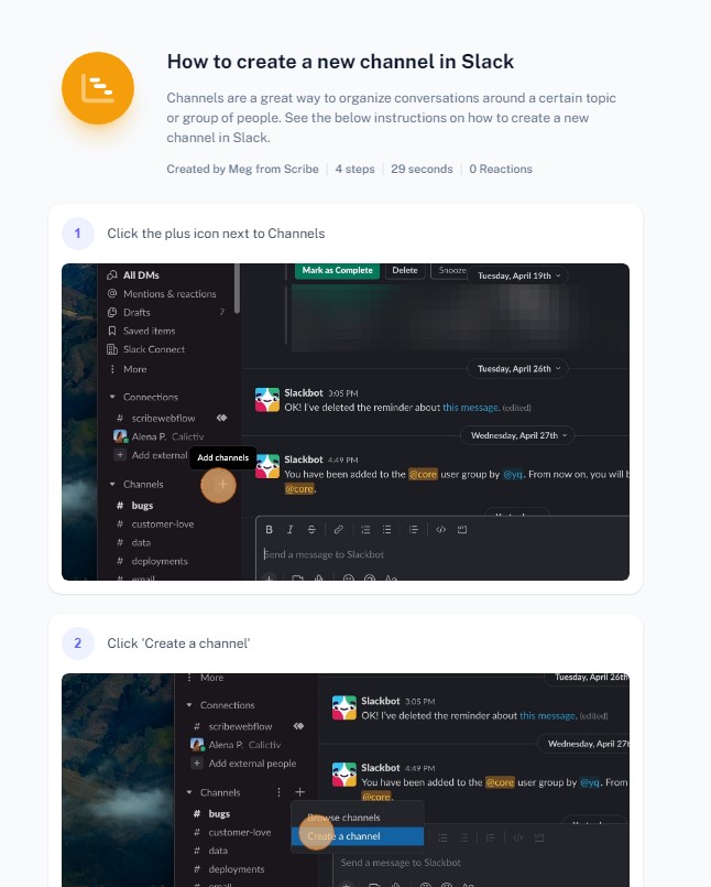 Scribe how to create a Slack channel - corporate wiki
