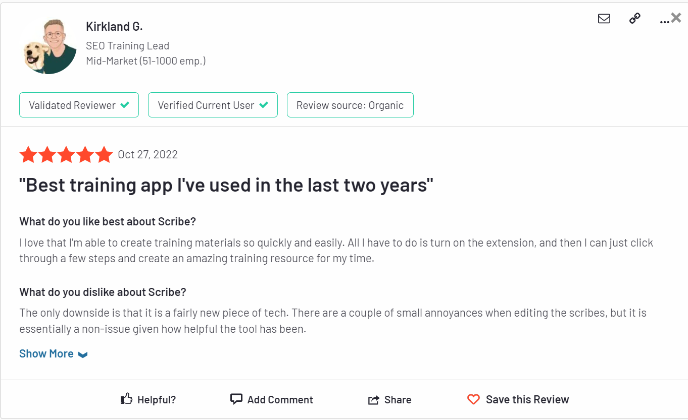 Scribe G2 rating - knowledge sharing tools