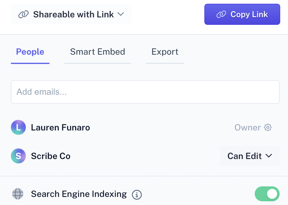 A screenshot of the options for sharing your Scribe. Headers include “Shareable with Link,” “Smart Embed” or “Export.”