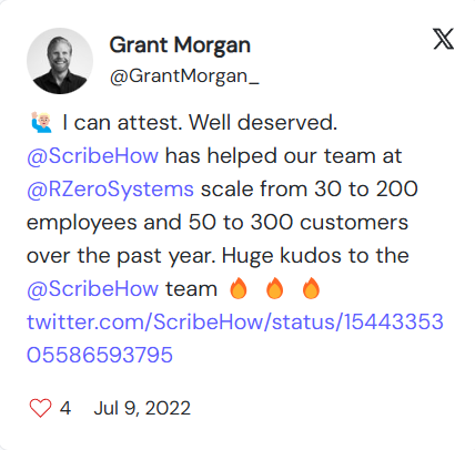 A screenshot of a tweet by Carl Storms regarding Scribe. It reads: “Mind blown by what @ScribeHow can do. You do a web screen recording, and it does the rest. I did this in 26 seconds! Then spent less than a minute updating it to my liking. Then with the free version, you can share it as a PDF or URL.”