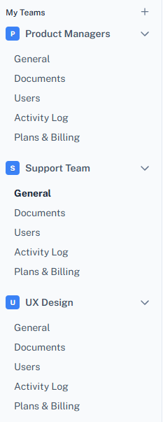 A screenshot showing how Scribe lets you split up teams to control document organization and access.