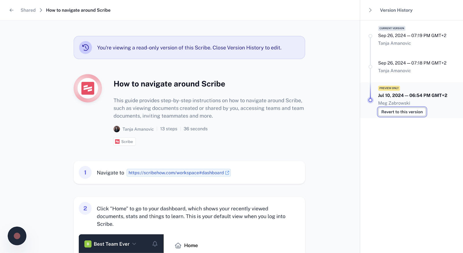 A screenshot of Scribe’s Version Control menu, which lets you select a version and revert the document.