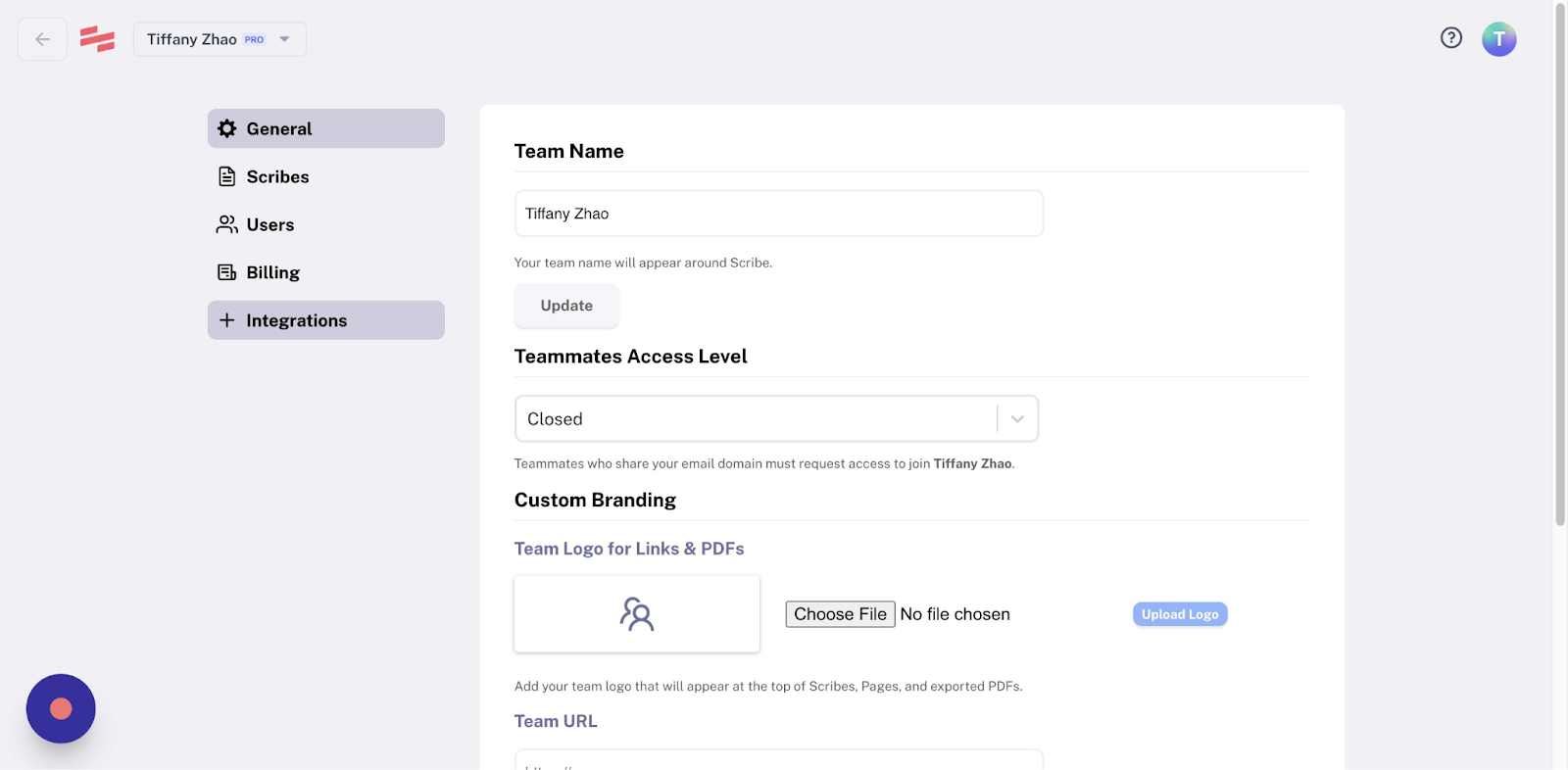 The Integrations option appears under “Billing” in the Scribe Settings menu.