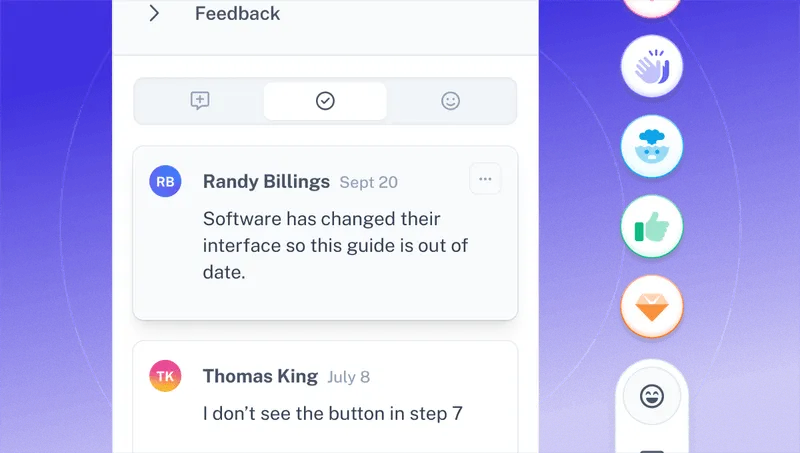 A screenshot showing how users can add feedback and reactions to Scribe documents in the editor.