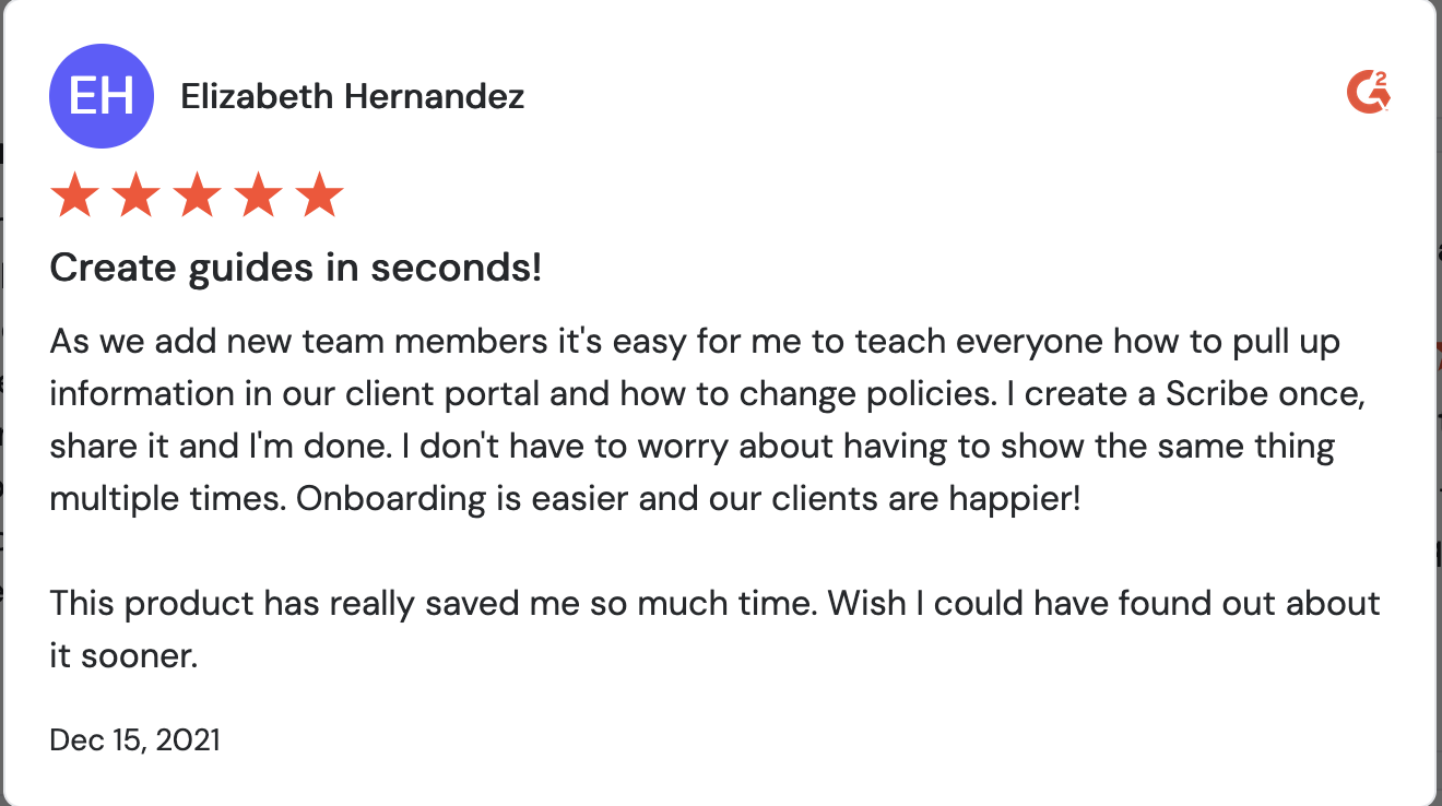 A screenshot of a Scribe review. It reads, “Create guides in seconds!